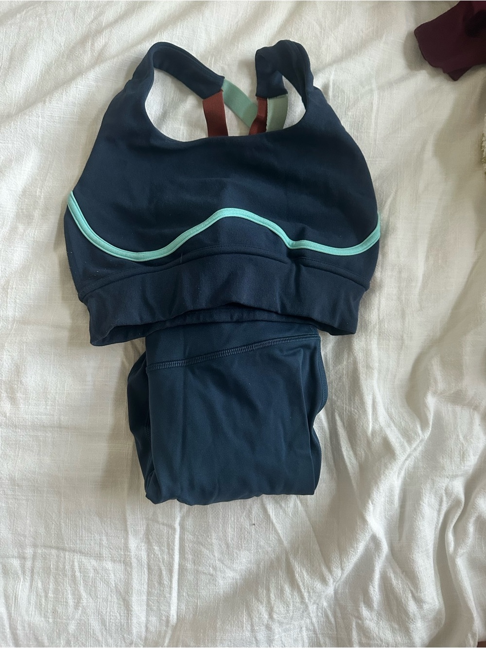 Fabletics Navy Athletic Sports Bra & Leggings Set with Mint Trim